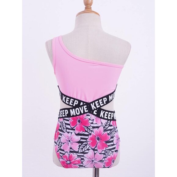 One-Shoulder Pink & Floral "Keep Move" Swimsuit Set For Teen Girl Size 14 - Picture 4 of 12